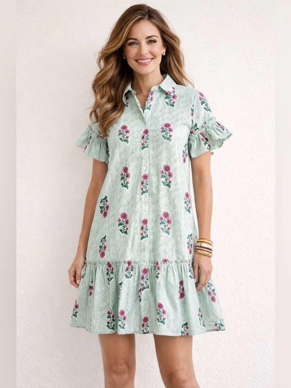 J. Crew Cotton Mint Floral Short-Sleeve Ruffle Hem Dress Size 4.